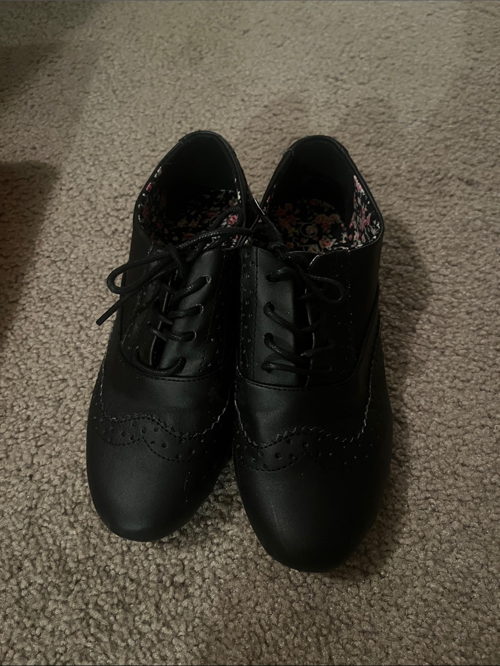 Women's Black Lace-Up Brogue Flats with Floral Lining